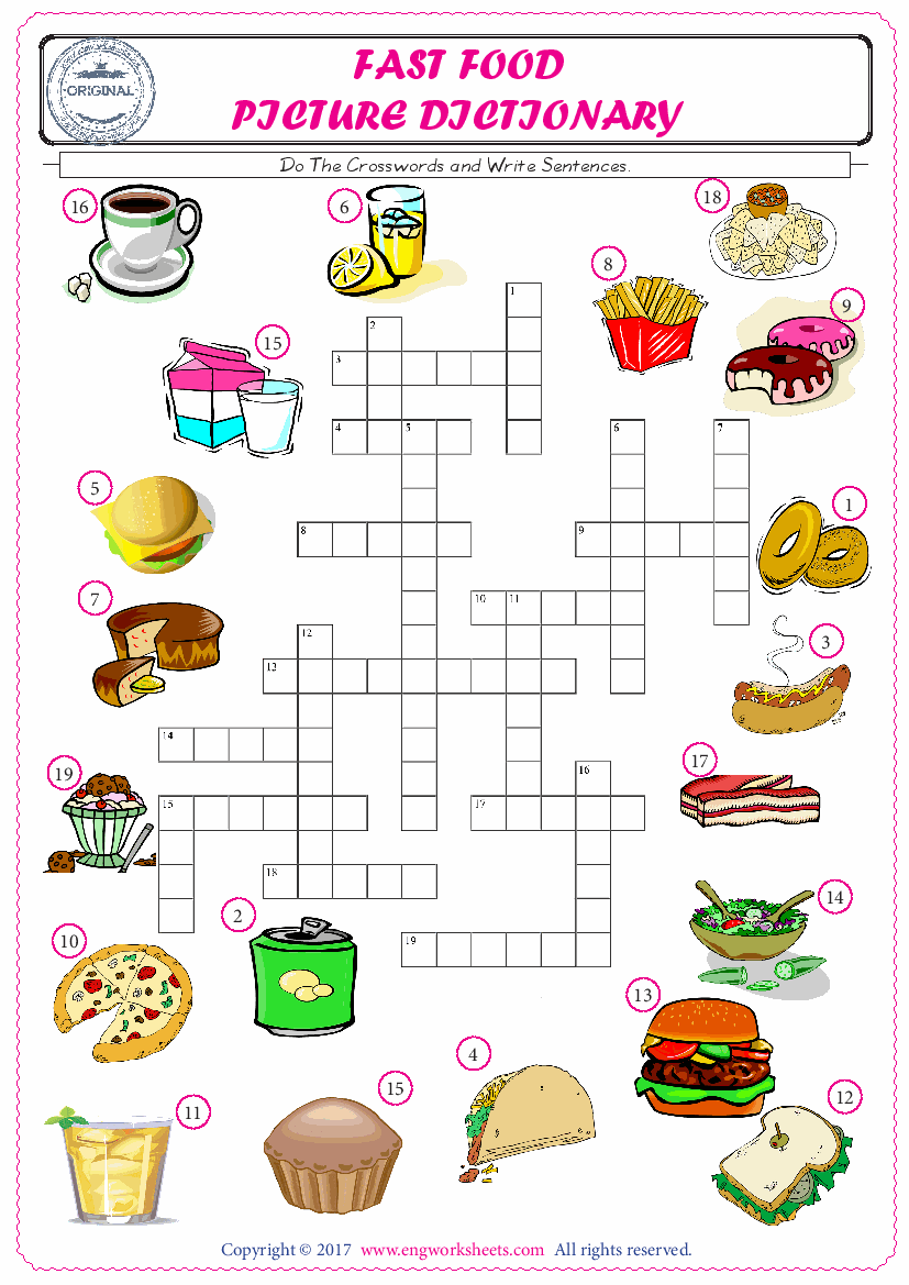  ESL printable worksheet for kids, supply the missing words of the crossword by using the Fast Food picture. 